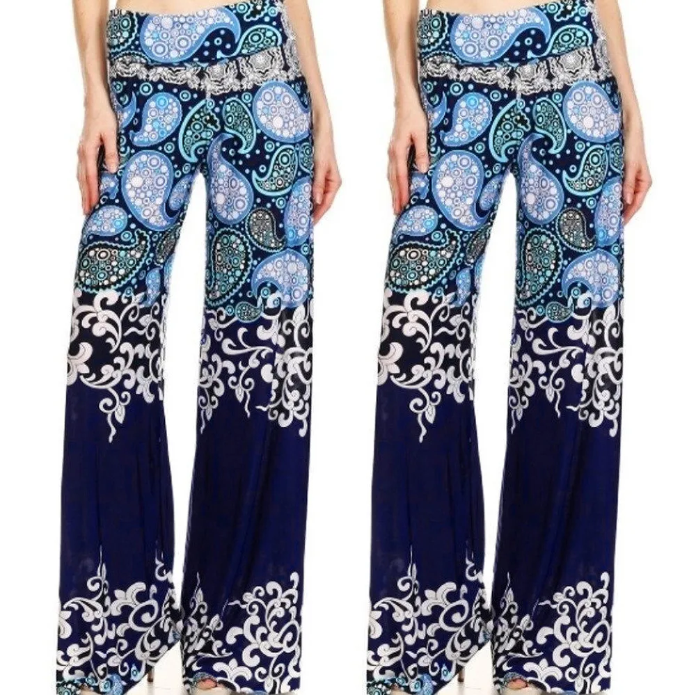 

Women's Summer Daily Casual Loose Print Stretchy Wide Leg Palazzo Lounge Long Pants Women's Clothes Long Trousers Navy