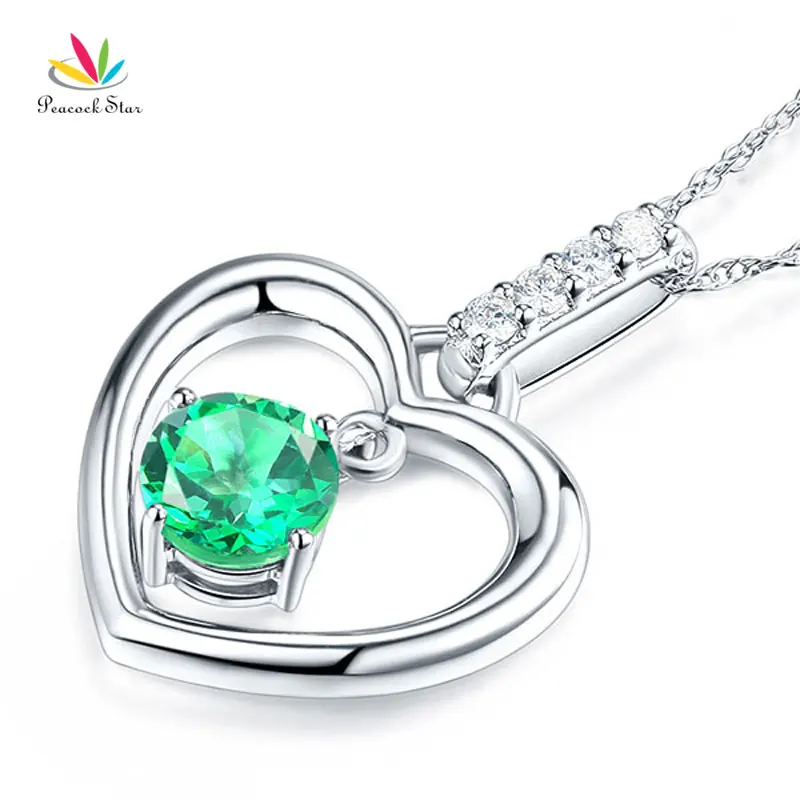 

Peacock Star Fine 14K White Gold Green Topaz Heart Pendant Necklace 0.04 Ct Diamond
