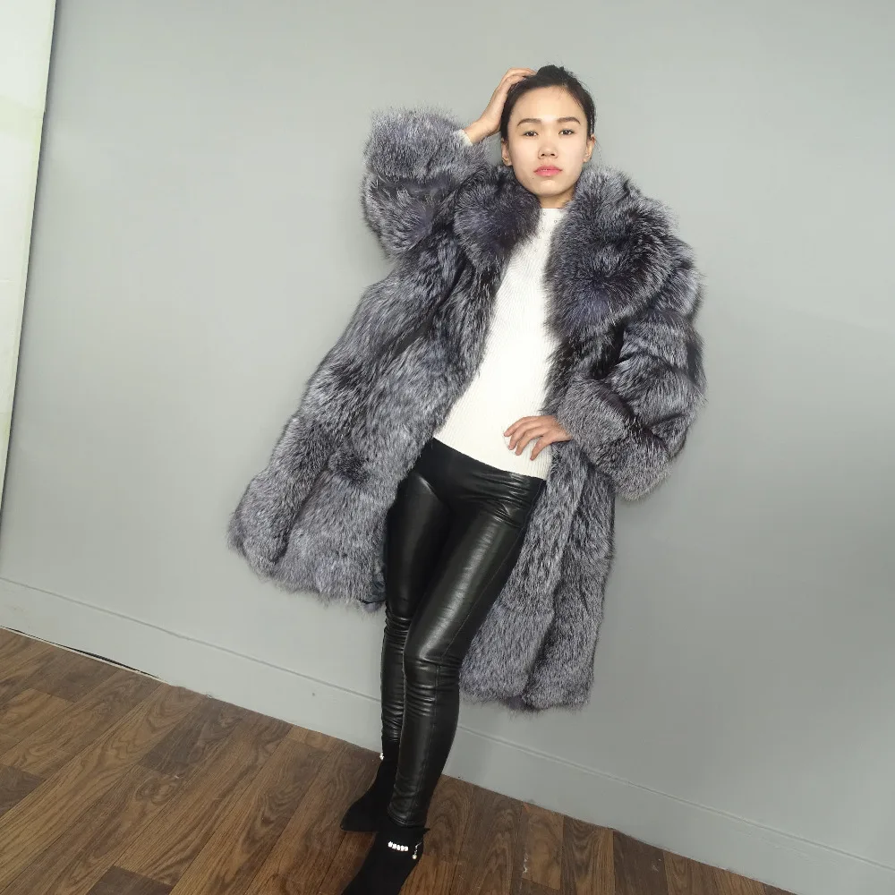 MLHXFUR 105 см Silver Fox Шуба отложным воротником пальто для Для женщин плащ верхняя одежда; парка одежды плюс пальто