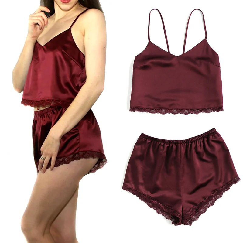 Sexy Women Sleeveless Lace Trim Satin Cami Tops+Shorts Pajama Set