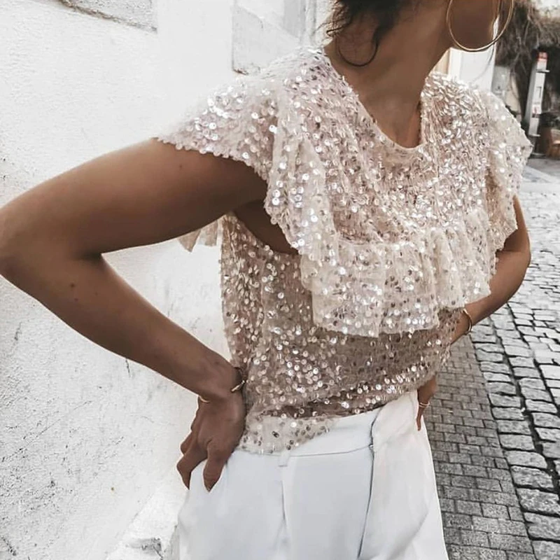 

O neck sequined blouse women Ruffle shinny sexy party tops Elegant ladies sequin shirts womens tops and blouses Summer 2019