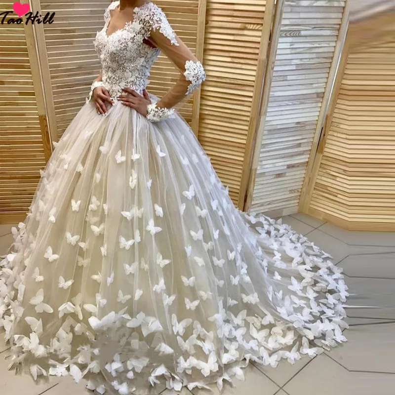 TaoHill бальное платье Свадебные платья возлюбленная с длинной шеей рукава кружево бабочка ручной работы цветок с развертки поезд