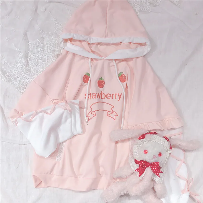  Soft Sister Cute Strawberry Embroidery Women's Hoodies Kawaii Young Girl Pullover Spring Bandage Lo