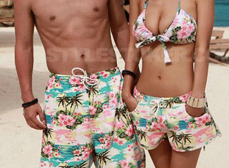 Популярный парный купальник с принтом дерева и цветов, Женский комплект бикини из трех предметов, пляжные шорты для влюбленных, пляжная одежда, мужские пляжные шорты