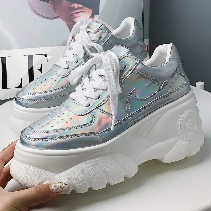 2019 Spring Women Pumps Beige Genuine Leather Girls High Heels Platform Sneaker Silver Laser Increased Casual Wedges Shoes Woman (8)