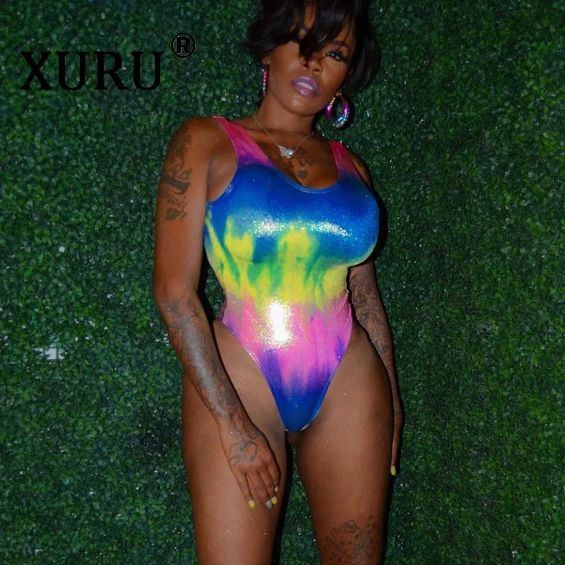 

XURU summer new best women's sexy triangle jumpsuit gradient rainbow print sexy halter jumpsuit round neck pullover jumpsuit