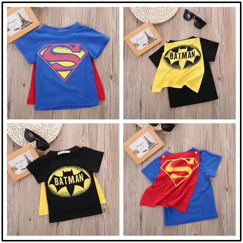 Hot Baby Kids Boys Cartoons Cosplay Cartoon Cape T-Shirts Cotton Short sleeve Tops children's t shirt sizes by age	