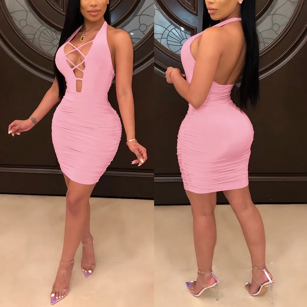 

Fashsiualy Summer dresses Women evening party dresses Sleeveless Halter Backless Sexy Dress Bodycon Pack Hip Mini Dress vestido