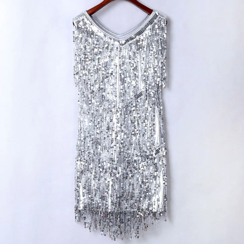 Pure Silver BLINGSTORY блесток Сальса платье Бальные платья латиноамериканское с кисточками Женская танцевальная одежда Samba Vestidos латинская юбка с бахромой - Цвет: Pure Silver