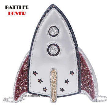 

New Silver Black Patent Leather Rocket Shape Fashion Ladies Casual Clutch Shoulder Bag Crossbody Mini Bag Handbag For Women Flap