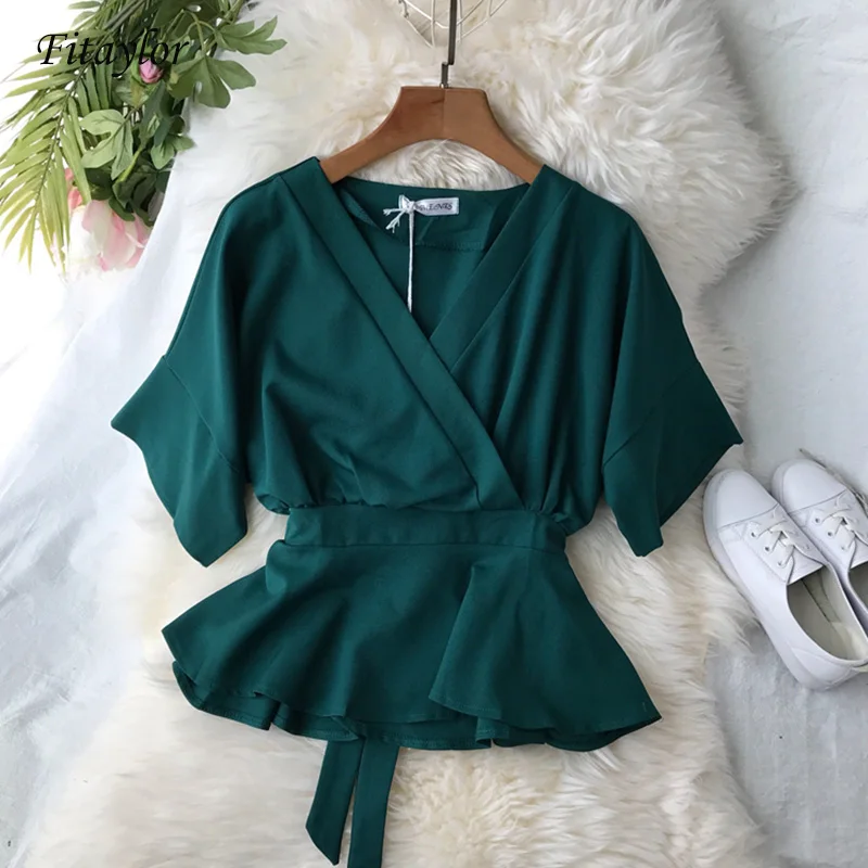 

Fitaylor Women Chiffon Shirt New Summer V-Neck Half-sleeved Slim Waist Chiffon Shirt Lady Ruffle Thin Short Tops