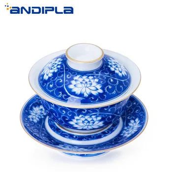 

160ml Jingdezhen Hand Painted Underglaze Teaware Blue and White Porcelain Tureen Tea Bowl Chinese Kung Fu Tea Set Office Gaiwan