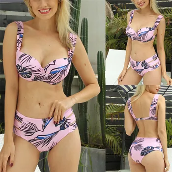 

2019 New Dropship Women Leaves Print Two Pieces Set Push-Up Pad Swimwear Bathing Set #0215 A#487