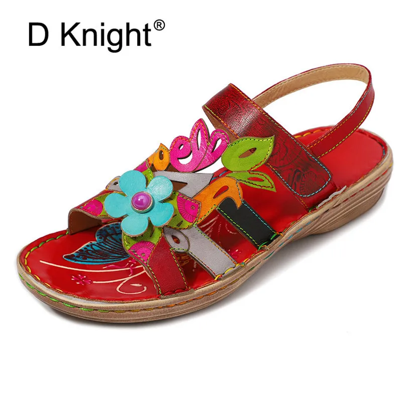 

Bohemian Women Low Heel Wedge Sandals Gladiator Soft Genuine Leather Sandals Female Casual Summer Platform For Girl Beach Shoes