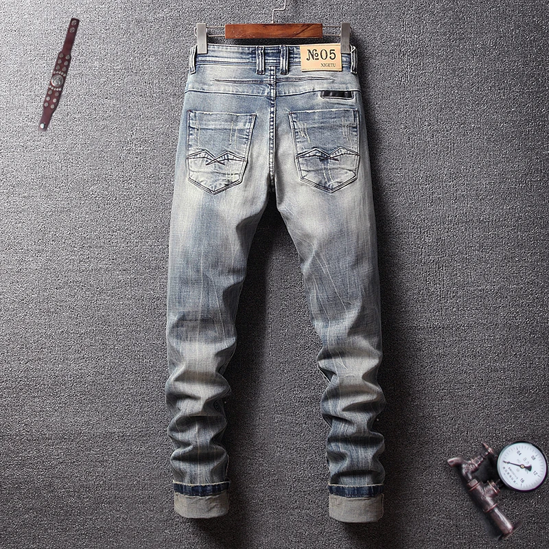 Итальянские винтажные модные мужские джинсы Slim Fit Ретро Синие рваные эластичные мужские джинсы джинсовые хип-хоп брюки уличная Классическая джинсы