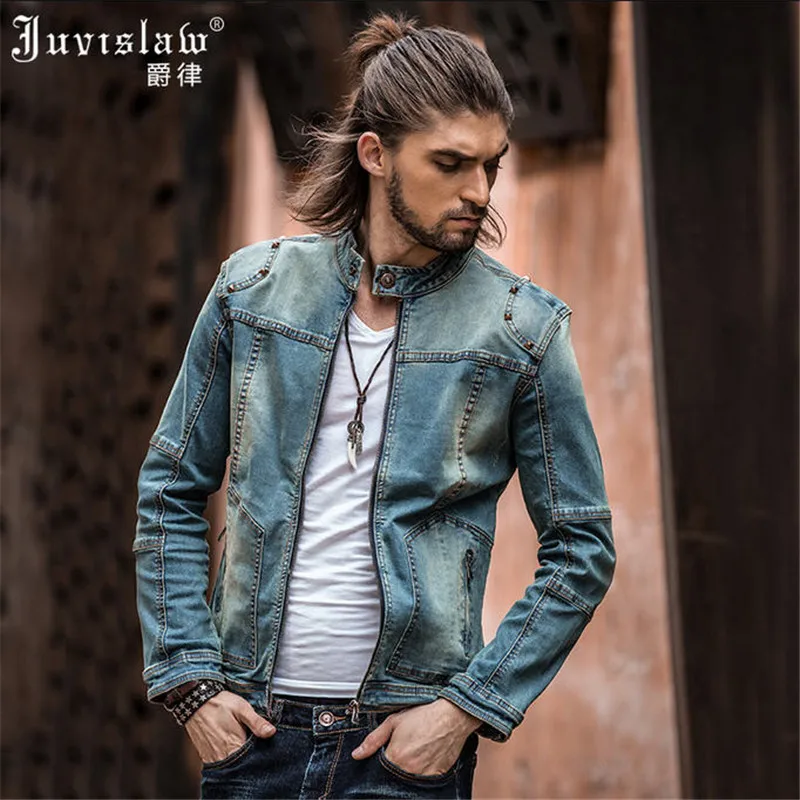 men ripped slim denim jacket