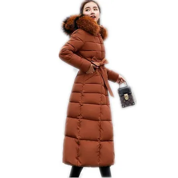 

Long Winter Women Parkas Hooded Large Fur Collar 2018 Female Down Cotton Jacket Button With Belt Thicken Outerwear Jacket CQ2093
