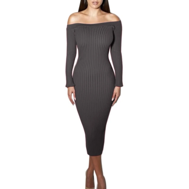 

Autumn Women Long Sleeve Off Shoulder Slash Neck Sexy Club Slim Bodycon Knitted Sweater Knee-Length Party Night Dress