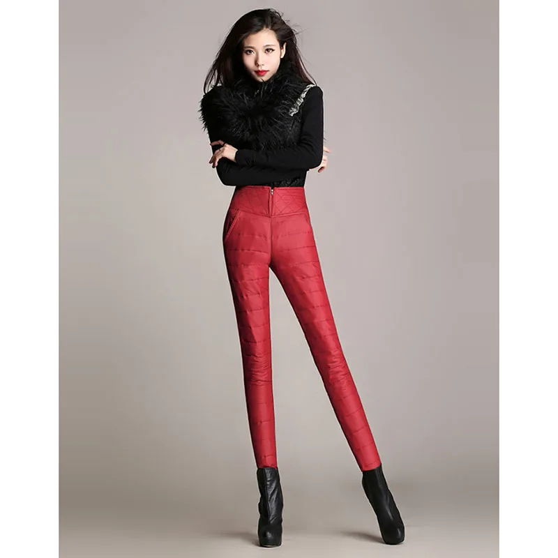 Женские Термо брюки осень зима Высокая талия вниз хлопок ватник брюки повседневные узкие брюки карандаш брюки маленького размера плюс 6XL - Цвет: red