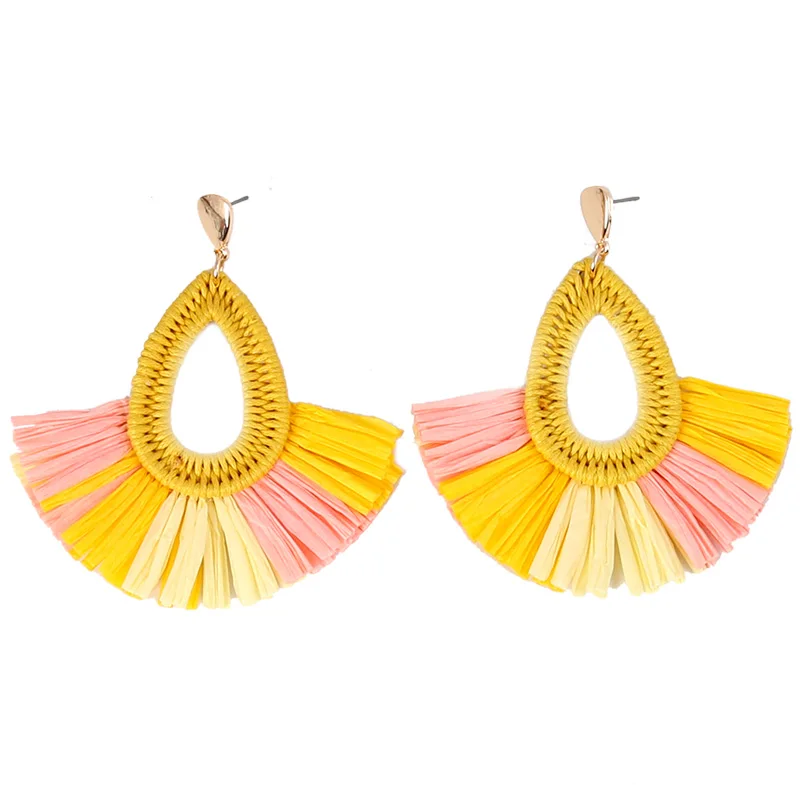 

2019 New hollow out wax rope drop water Grass weaving inlay fan shaped drop earrings for women