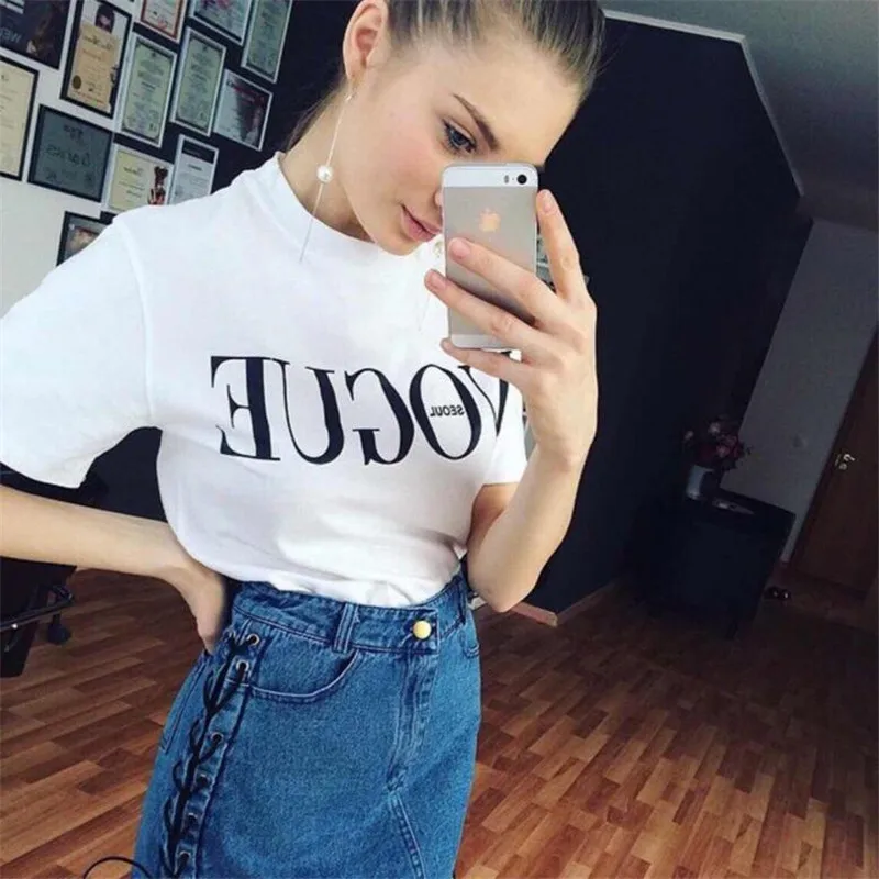 Популярные Vogue Футболка с принтом Для женщин топы летние шорты круглым вырезом