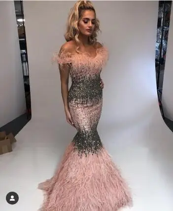

Gorgeous Major Beading Mermaid Gowns Evening Long Dress Vestido de Casamento Longo Feathers Dubai Evening Dresses Pink