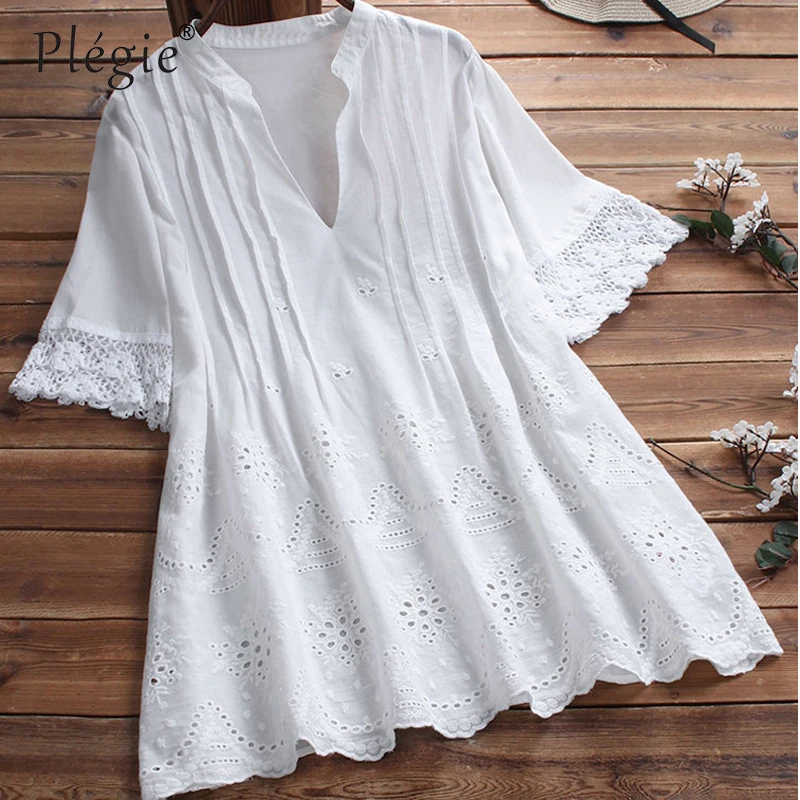 

Plegie Hollow Out Floral Shirt Lady Office Work Wear 2019 Summer Plus Size Ladies Tops White Green Short Sleeve Cotton Shirts