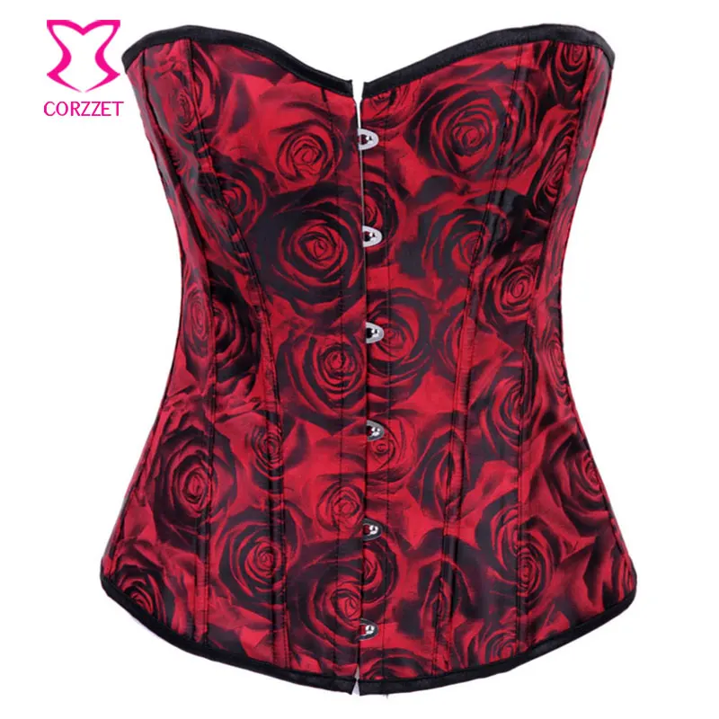 Red Satin Black Rose Flower Print Gothic Clothing Corsets And Bustiers Korsett For Women Sexy