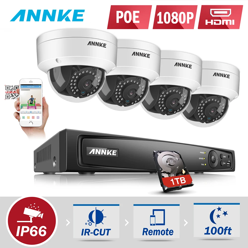 

ANNKE Professional 1080P POE Security Camera System 4CH 6MP Security NVR With 4pcs 1080P CCTV Dome Weatherproof Cameras With HDD