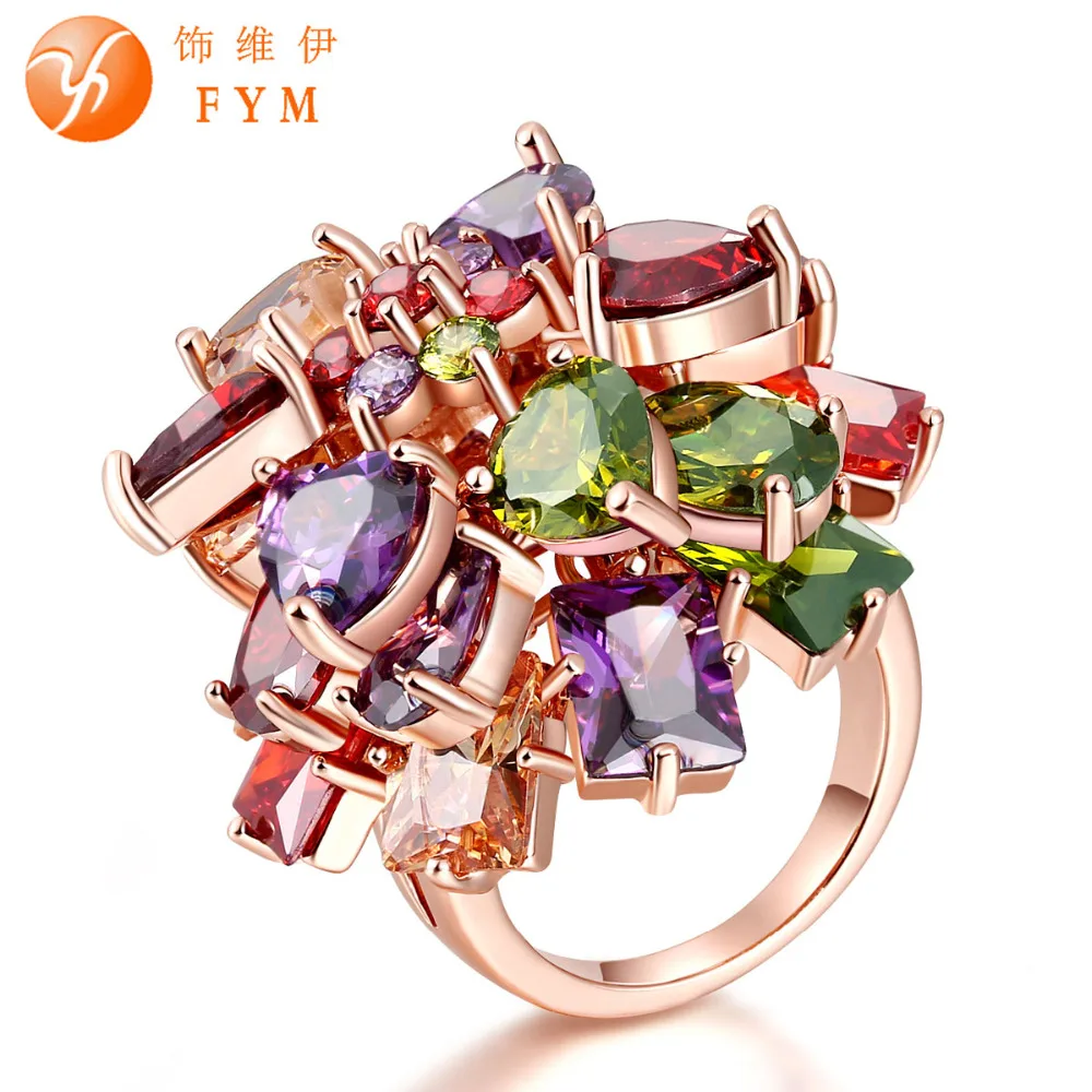 

FYM Drop Shipping New Fashion Multicolor Cubic Zircon Ring for Women Finger Jewelry Colorful Rose Gold Color Bride Rings