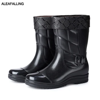 

Aleafalling Men's Waterproof Rain Boots Classical Mid-calf Leather Cotton Shoes Cover Removable Boots Labor Men Work Rain Boots