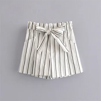 

Women striped elegant shorts bow tie belt zipper fly pockets female casual stylish chic solid pantalones cortos
