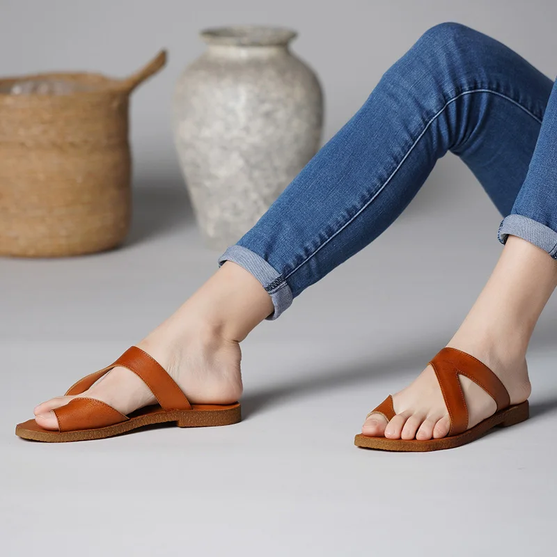 

2019 New Arrival Summer Shoes Women Flip Flops Natural Leather Lady Handmade Comfortable Flat Slippers Female Slide