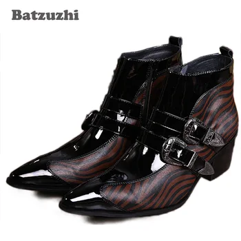 

Batzuzhi Rock British Fashion Men's Boots Black Buckles Man's Genuine Leather Ankle Boots Shoes 6.5cm Heels Personality, 38-46