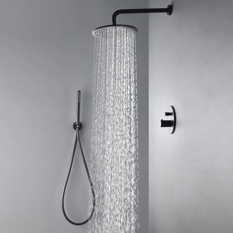 Brass Black Shower Faucets 30cm Rainfall Shower Head Bathroom Shower Set Diverter 2 Ways Thermostatic Valve Shower System Round Brass Black Shower Faucets 30cm Rainfall Shower Head Bathroom Shower Set Diverter 2 Ways Thermostatic Valve Shower System Round