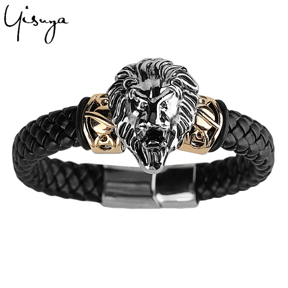 

Lion Skull Eagle Punk Woven Bracelets Men Hot Sale Charm Bracelet Male Steampunk Skeleton Bangle Chain Black Leather Bangles