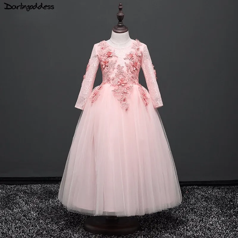 

Elegant Pink Flower Girl Dresses For Weddings Long Sleeves Ball Gown Little Kids Evening Party Dress Pageant Dresses For Firls