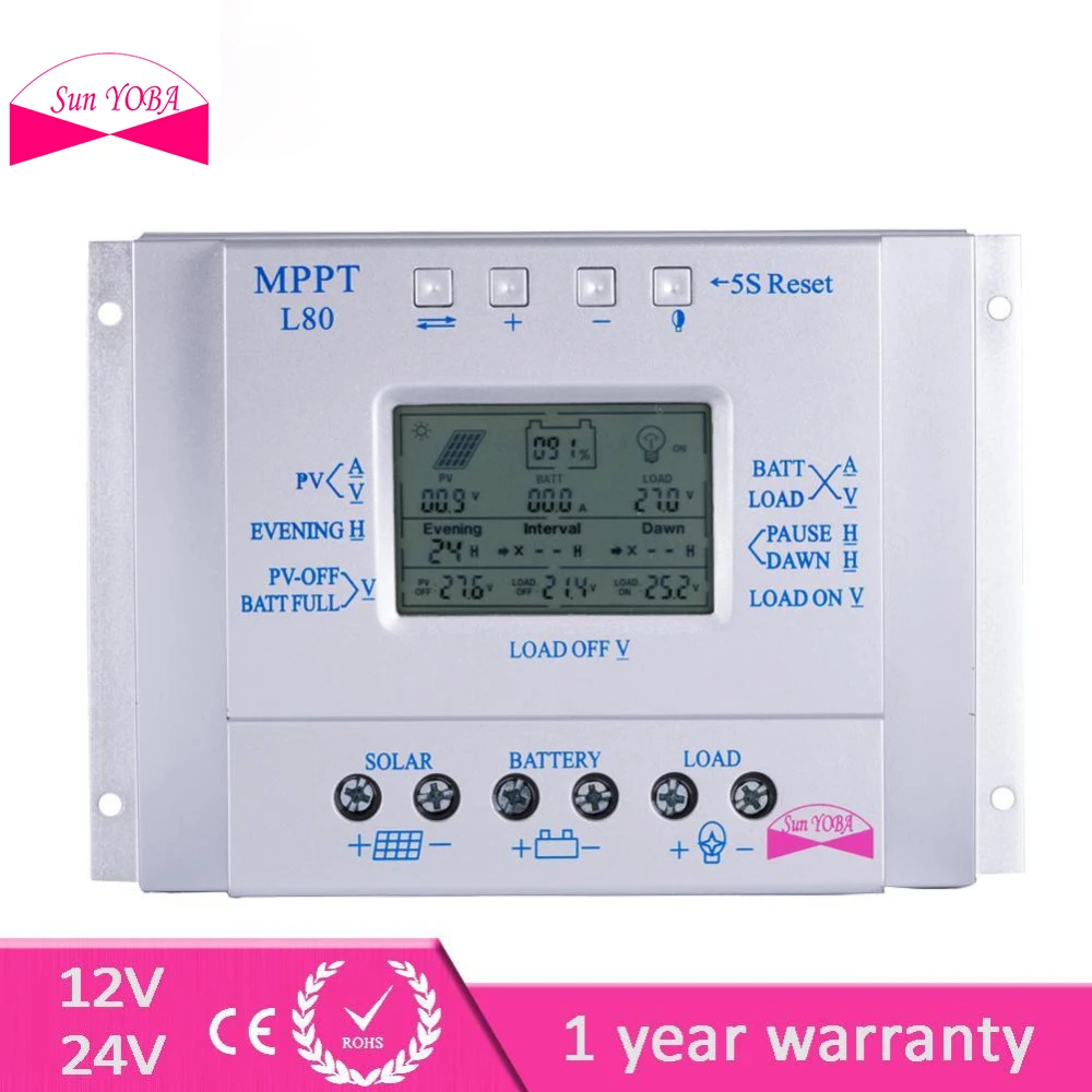 

LCD 80A MPPT Solar Controller 12V/24V Regulator Charge Battery Safe Protection Intelligent with Temp Sensor CE APJ