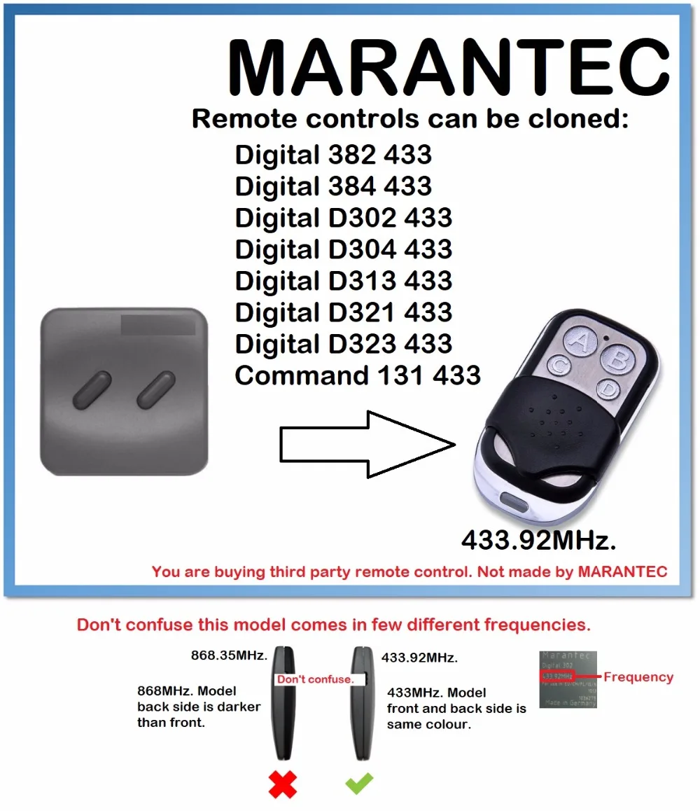 

Marantec Command 131 433 Universal Remote Control Duplicator (only for 433.92mhz fixed code)