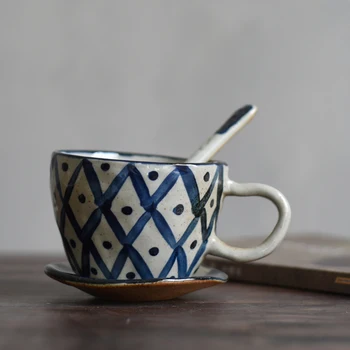 

200ml Creative Ceramic Coarse Pottery Espresso Coffee Cup with Saucer Spoon Kit Drinkware Handmade Vintage Milk Mug Friend Gifts