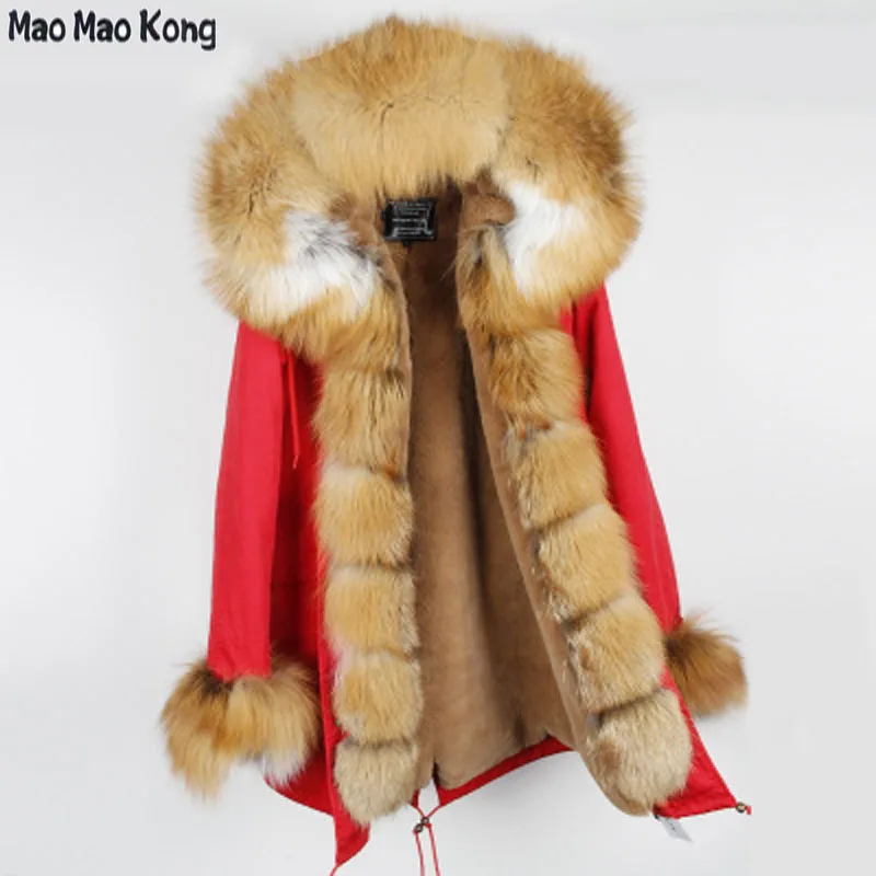 

Long Winter Jacket Women's Luxury Large raccon fur Collar with real rex rabbit fur lining