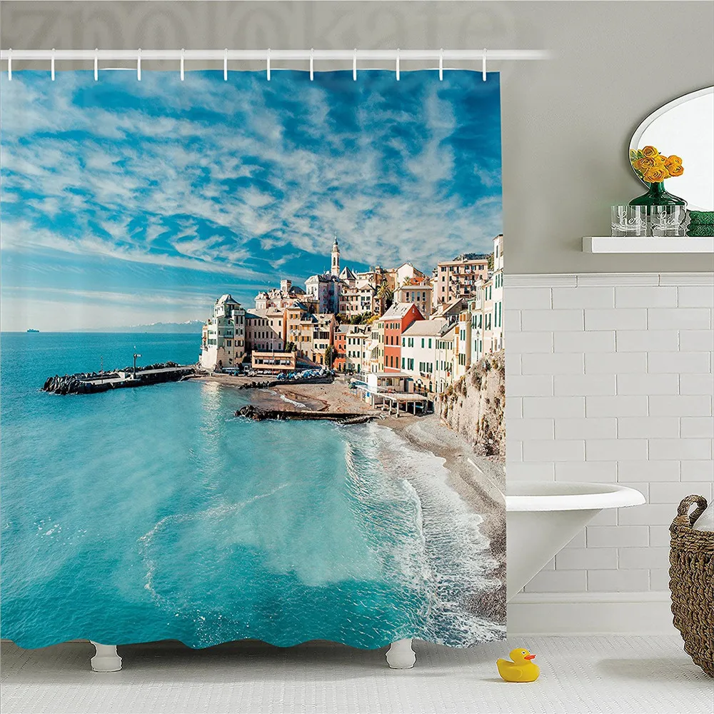 Farm House Decor Shower Curtain Panorama Of Old Italian Fish