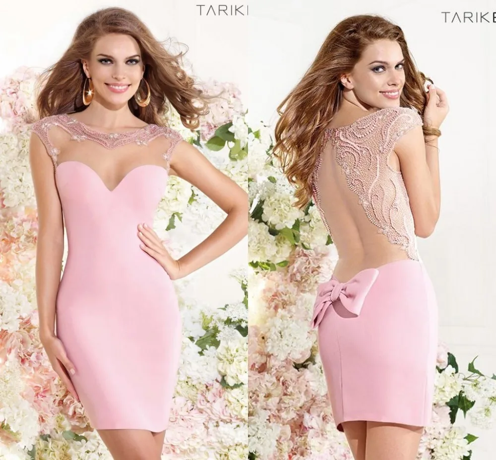 New Design Lavish Short Prom Dresses Pink Sheath O-Neck Sheer Straps Appliques Lace Taffeta Vestido De Baile | Свадьбы и торжества