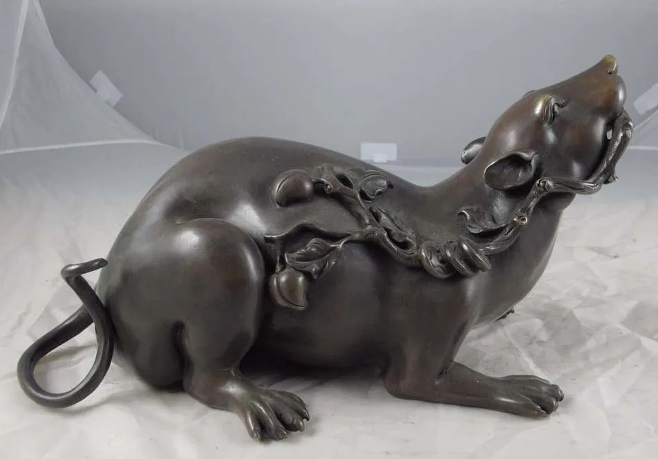 

Home FengShui Copper Bronze Money Wealth Rat Mouse hold Peach branches Statue
