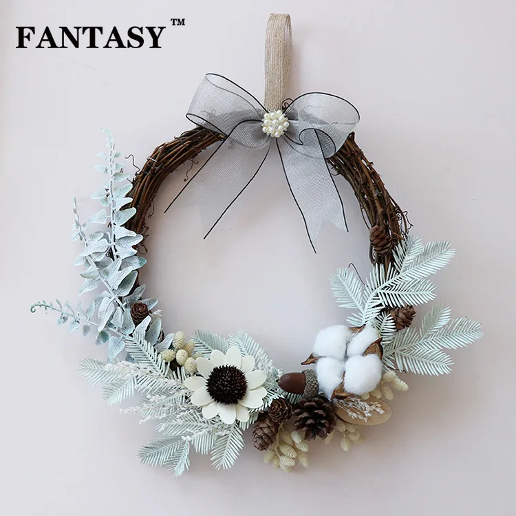 

Easter Flower Wreath with Cotton Door Decoration Weave Rattan Garland Autumn Christmas Wreath Plastic Plant for Wall Hanging