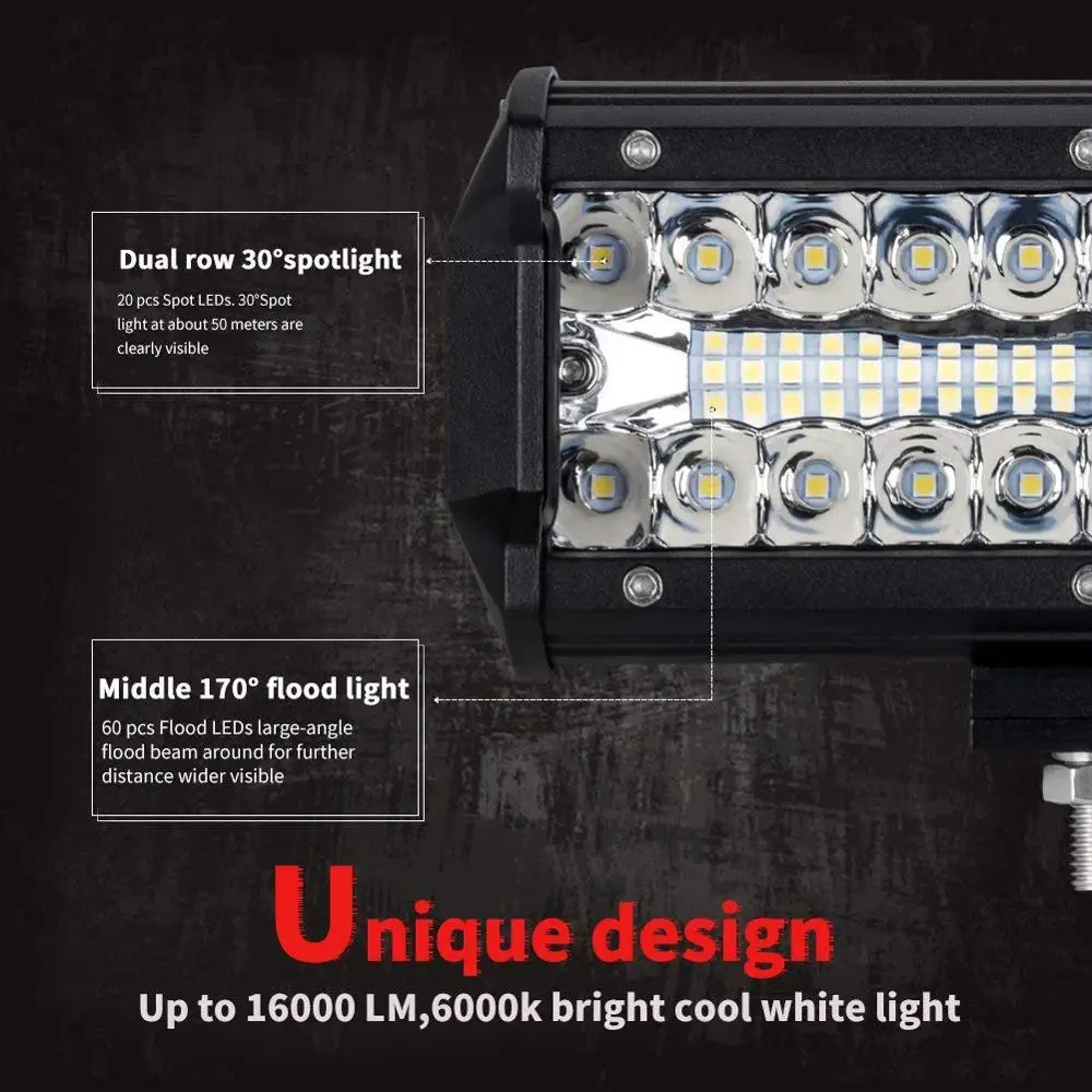 LYKAS 7 дюймов 120W светодиодный рабочий светильник бар комбинированный прожектор луч Тройной Ряд светодиодный противотуманная фара дальнего света светильник для бездорожья UTV ATV 12V 24V