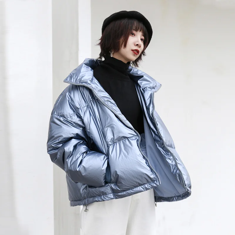 

New Arrival Stand Collar Short Design Glossy Loose Women Winter Coat Duck Down Filling Super Light Warm Women Down Jacket Parkas