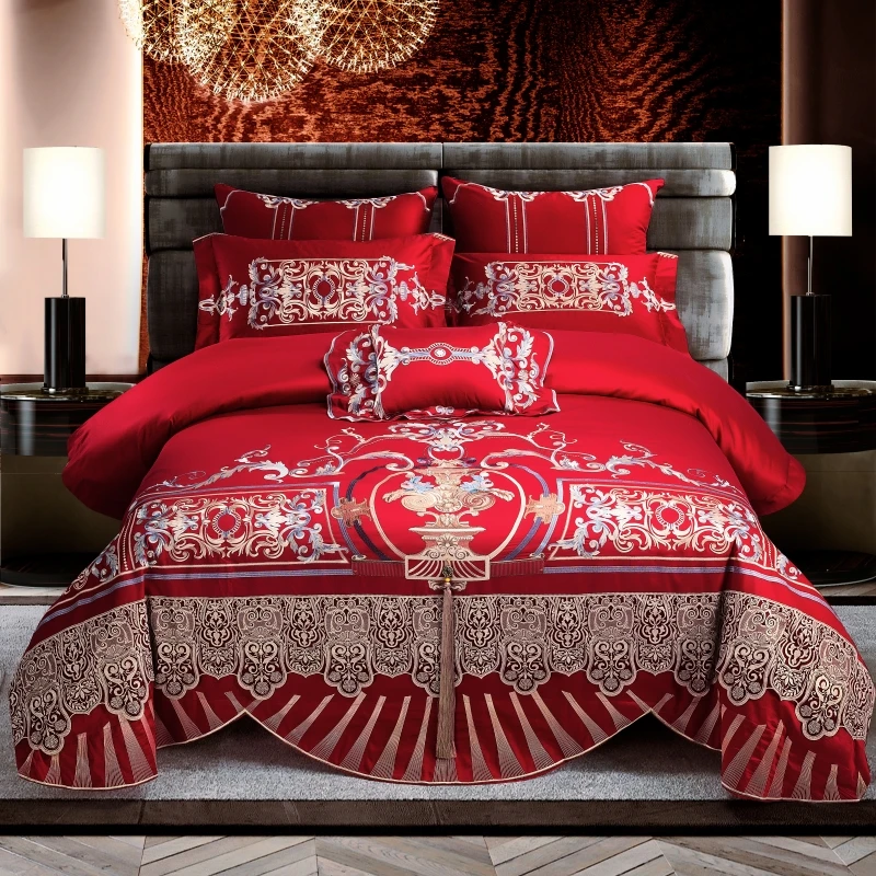 

800TC Cotton wedding Luxury Bedding set White King Queen Size Embroidery Bed set Duvet Cover Bedsheet set parrure de lit