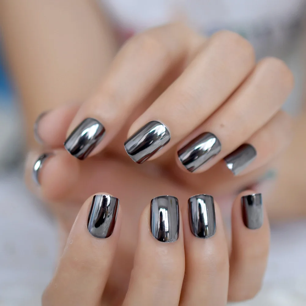  Dark Color Mirror Nails Medium Size Squoval Metallic False Nails Deep Grey Korea Manicure Tips 24 C