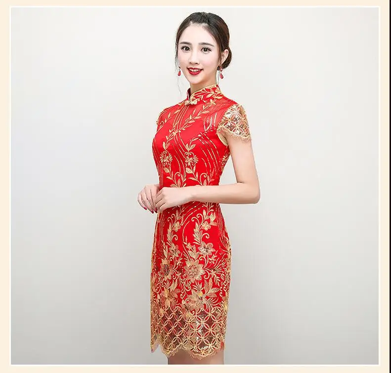 

High quality Red Chinese Wedding Dress Female Short Sleeve Cheongsam Chinese Traditional Dress Women embroidery Qipao